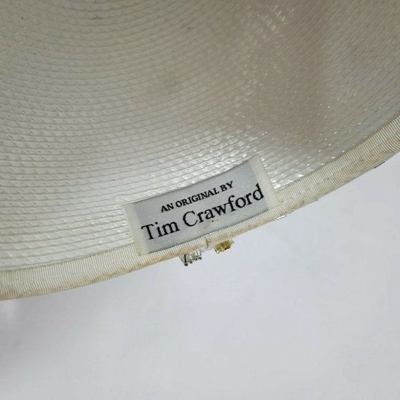 Vintage 80s 90s TIM CRAWFORD‎ White Straw Rhinestone Beaded Derby Cartwheel Hat main image 6